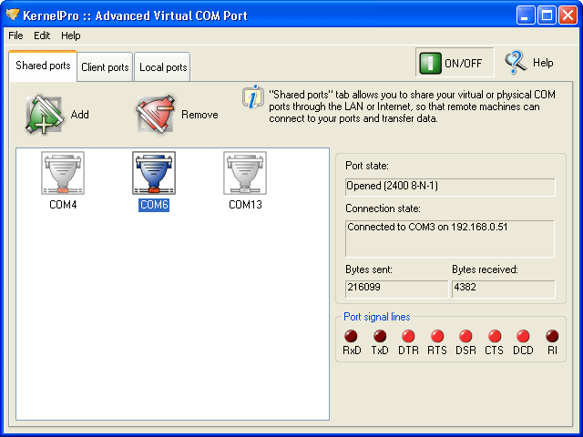 Create virtual COM ports connected with virtual null-modem cable, share COM port